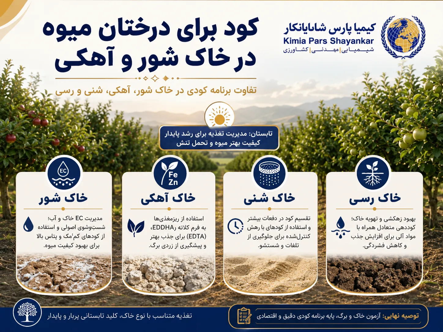 کود برای درختان میوه در تابستان در خاک شور، آهکی، شنی و رسی چه تفاوتی دارد؟